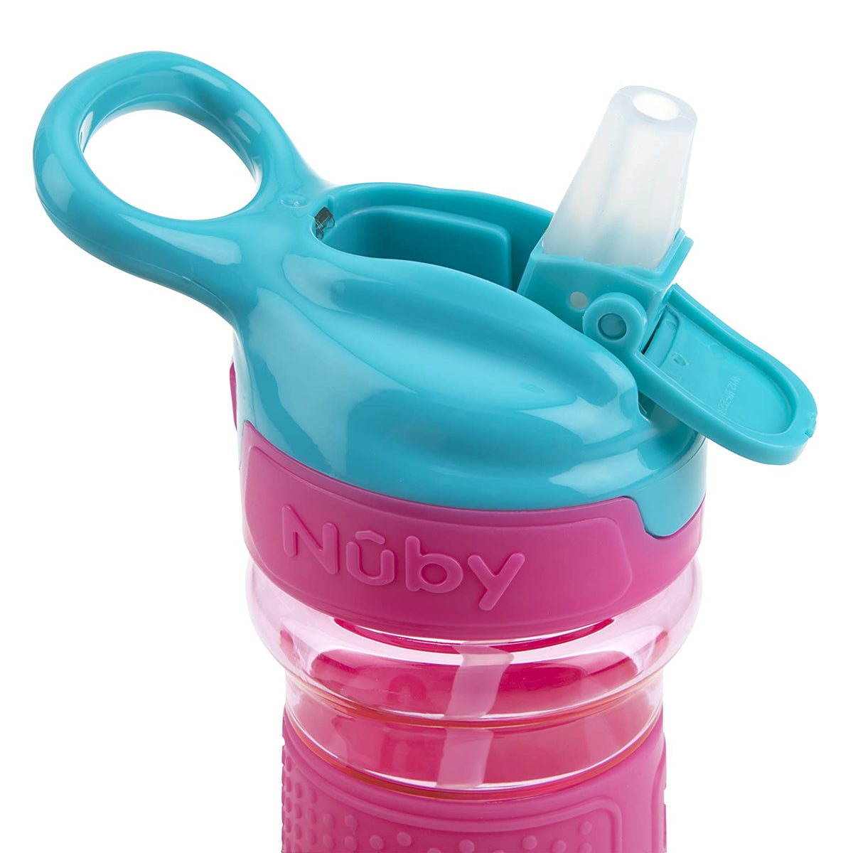 Nuby Thirsty Kids Push Button Flip-it Soft Spout on The Go Water Bottle with Easy Grip Band, Pink Rainbow, 12 Oz