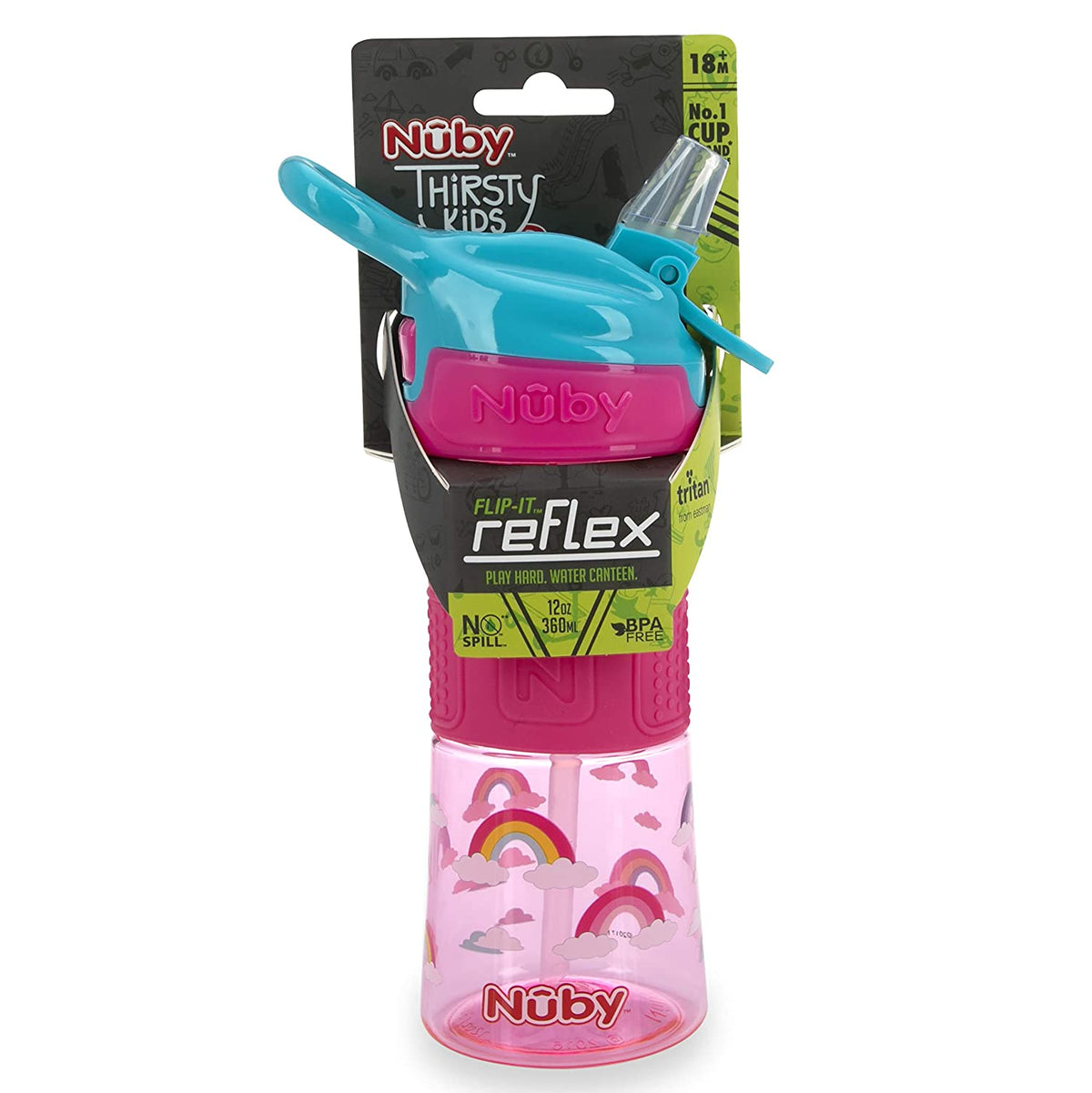 NUBY Thirsty Kids Push Button Flip-it Soft Spout on The Go Water Bottle with Easy Grip Band, Pink Rainbow, 12oz