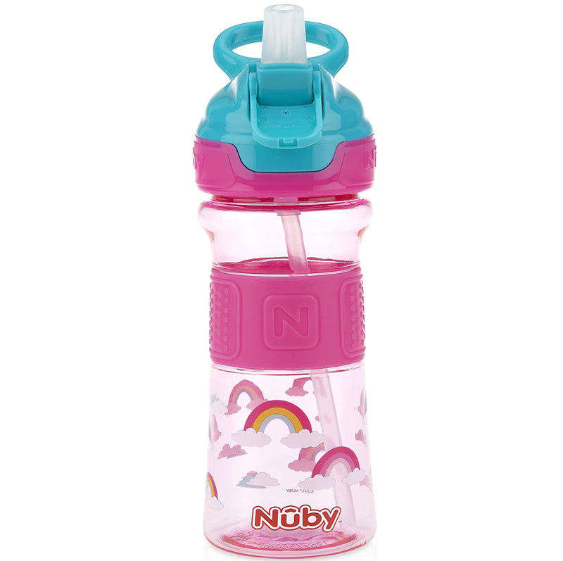 NUBY Thirsty Kids Push Button Flip-it Soft Spout on The Go Water Bottle with Easy Grip Band, Pink Rainbow, 12oz