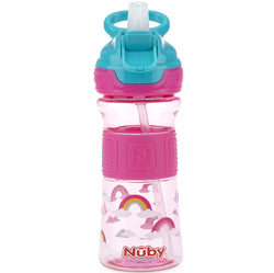 Nuby Thirsty Kids Push Button Flip-it Soft Spout on The Go Water Bottle with Easy Grip Band, Pink Rainbow, 12 Oz