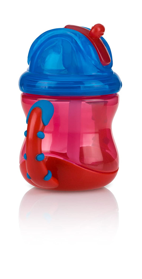 Nuby Two-Handle Flip N' Sip Straw Cup, 8 Ounce, Red with Blue