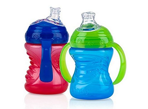 Nuby 2-Pack Two-Handle No-Spill Super Spout Grip N' Sip Cups, 8 Ounce, Red and Blue